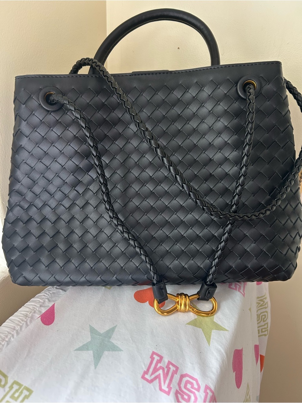Woven Leather Tote Bag with Gold Hardware - Black